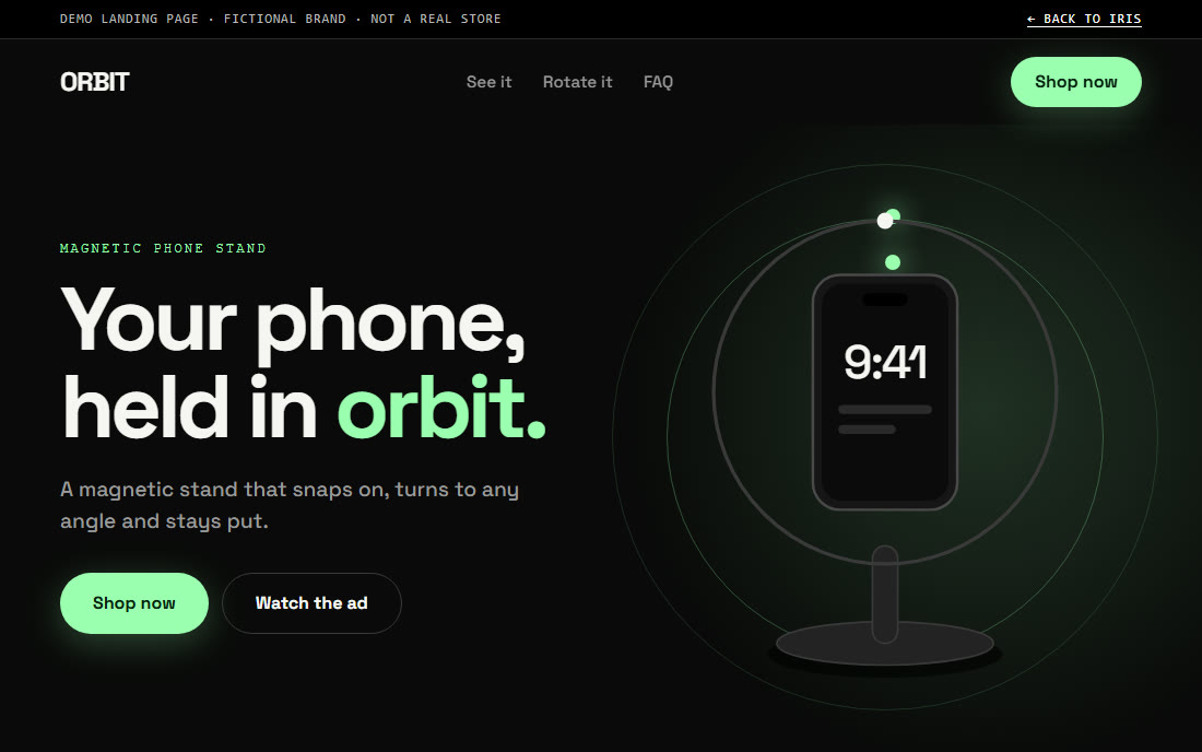 Demo landing page for Orbit, a fictional magnetic phone stand